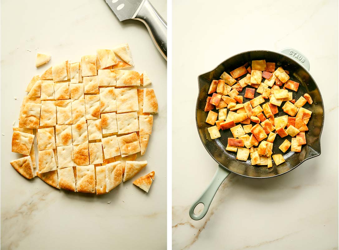 side by side photo of pita bread cut into cubes and pita bread fried in a skillet