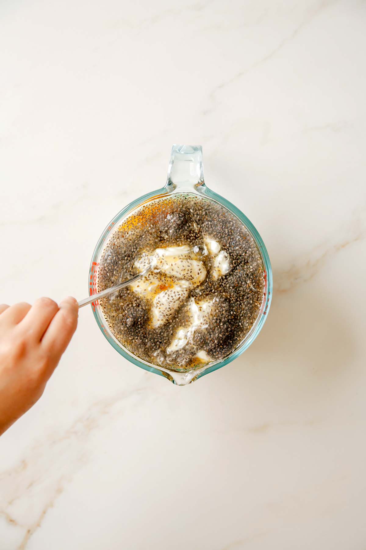 Yogurt and Chia Seeds in a Pyrex with Maple Pure Syrup