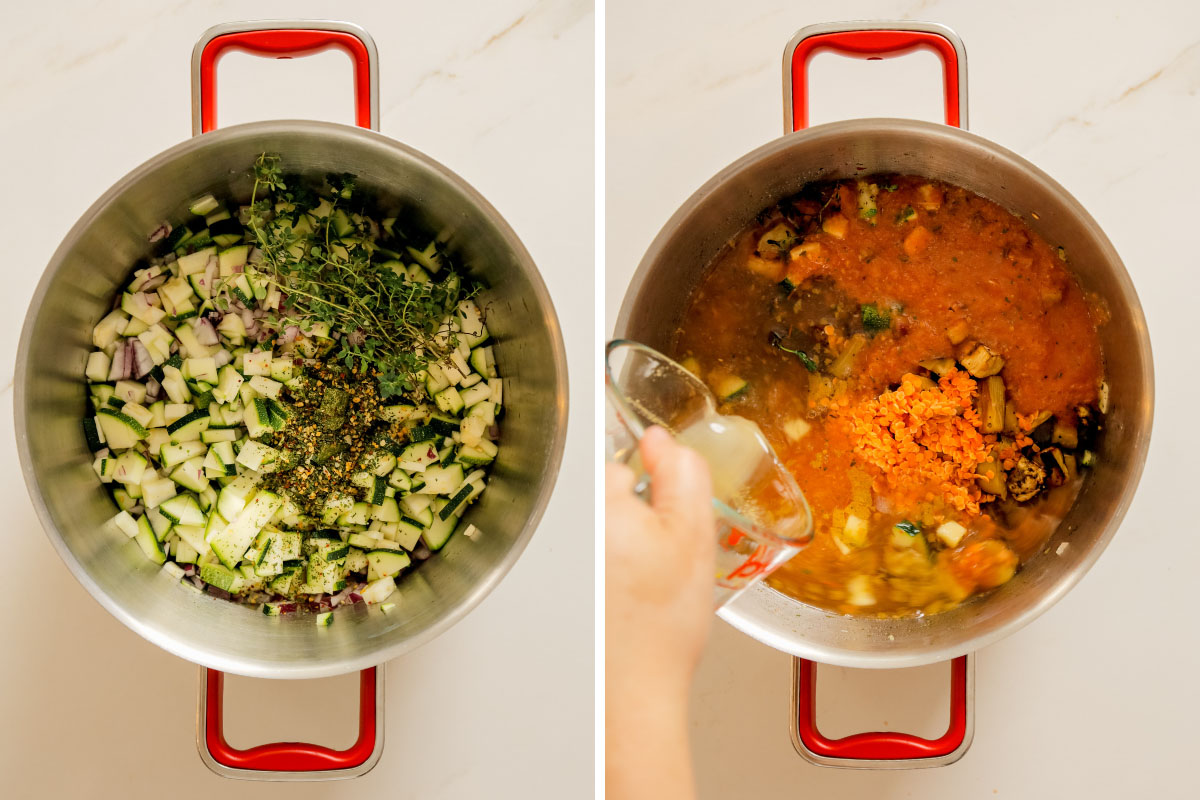 Diced fresh vegetables and herbs in a soup pot before adding blended roasted vegetables and broth to make roasted vegetable soup.