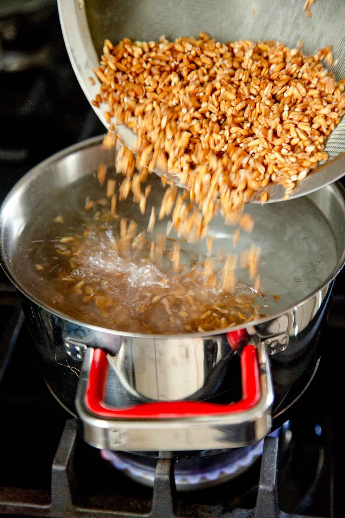 Adding rinsed farro to a pot of boiling water