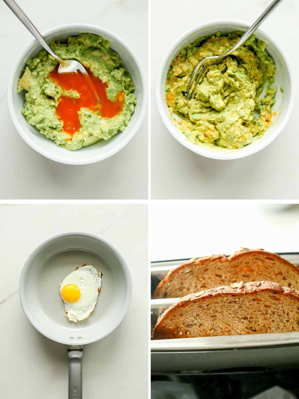 Avocado Toast Process: mashed avocado, bread in toaster, fried egg