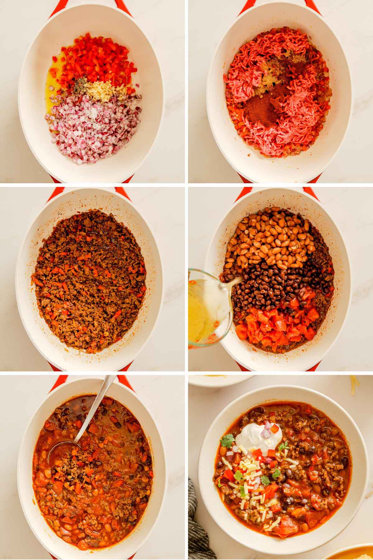 Step-by-step process of making homemade chili in a pot.