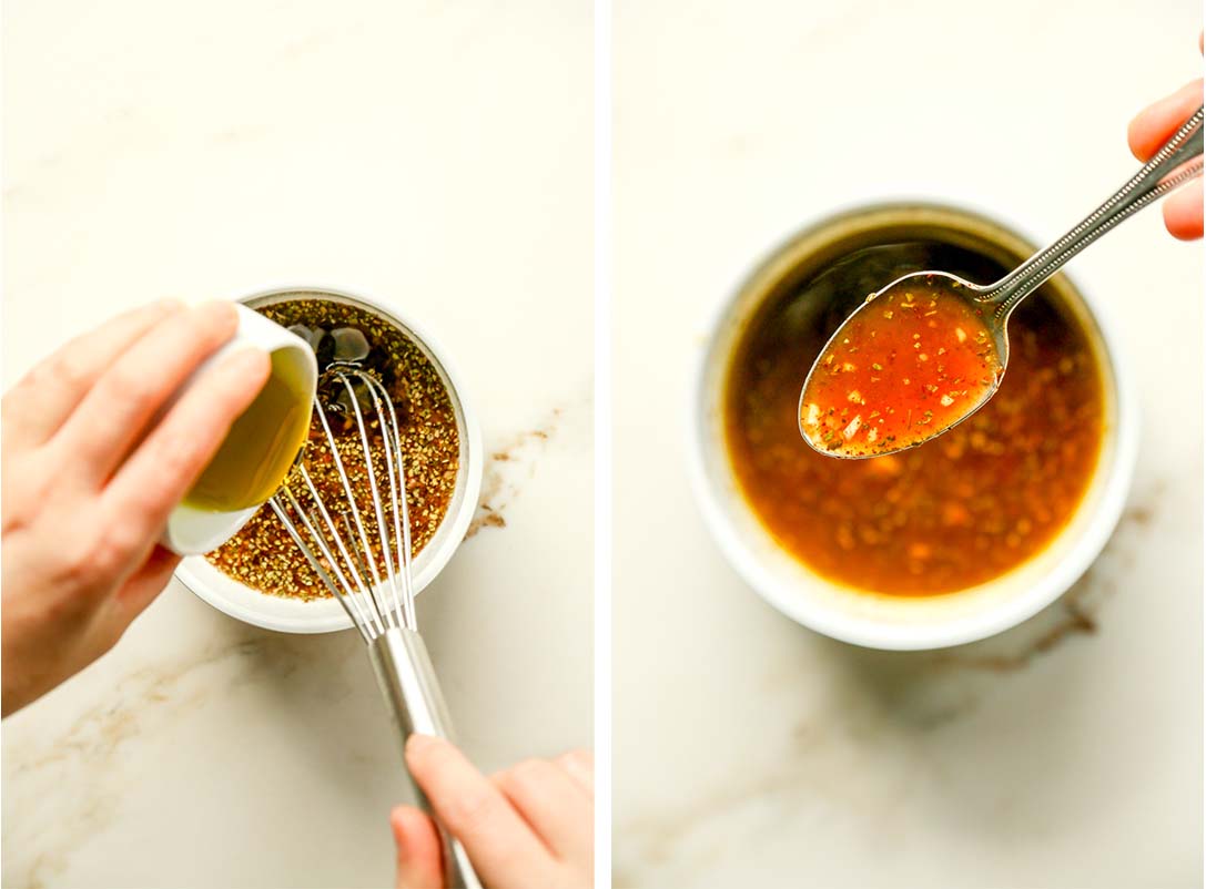 Side by Side Photos of Fattoush Salad Dressing Process