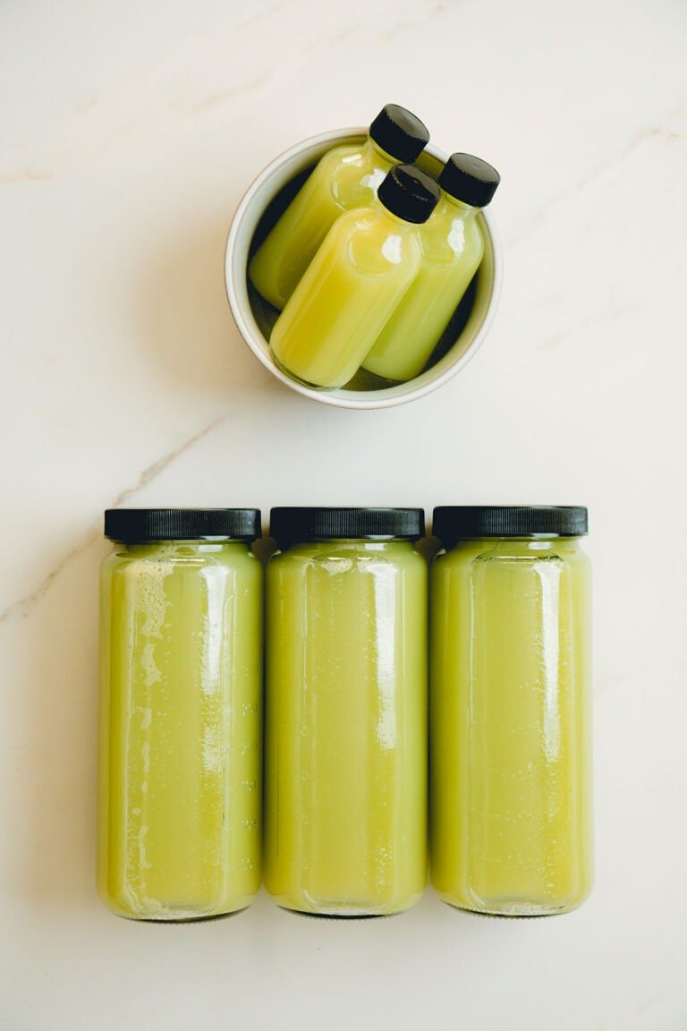 Celery Juice in Jars and Shot Glasses