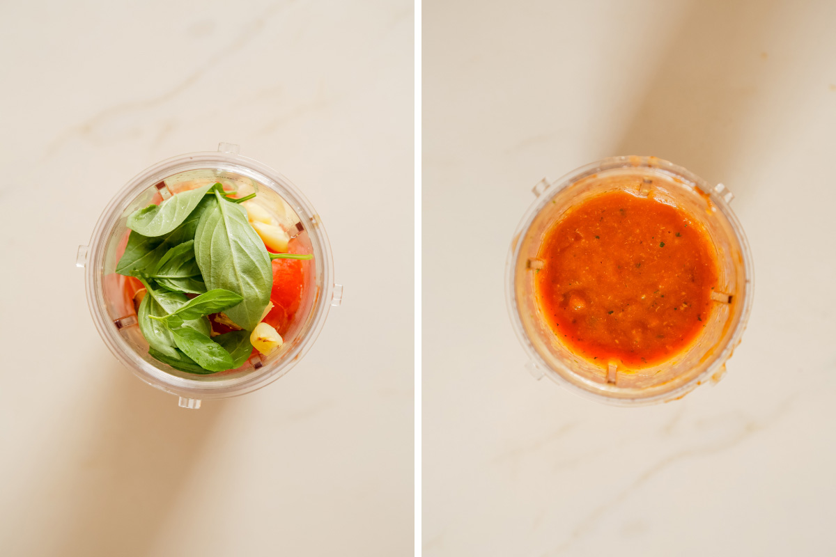 Blended roasted vegetables with fresh basil in a blender before and after processing for a smooth roasted vegetable soup.