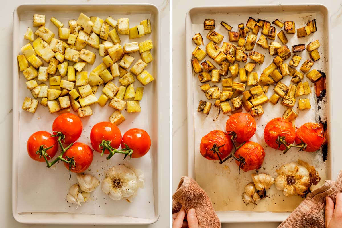 Roasted vegetables including eggplant, tomatoes on the vine, and garlic on a baking sheet before and after roasting for roasted vegetable soup.