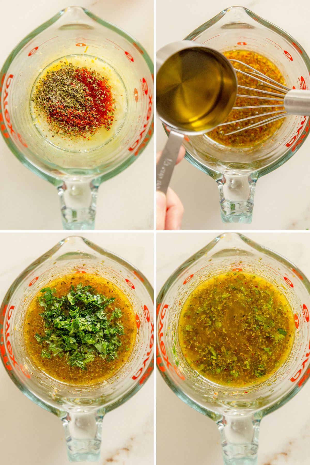 Making Mediterranean Vinaigrette by combining seasonings, olive oil, and herbs in a glass beaker.