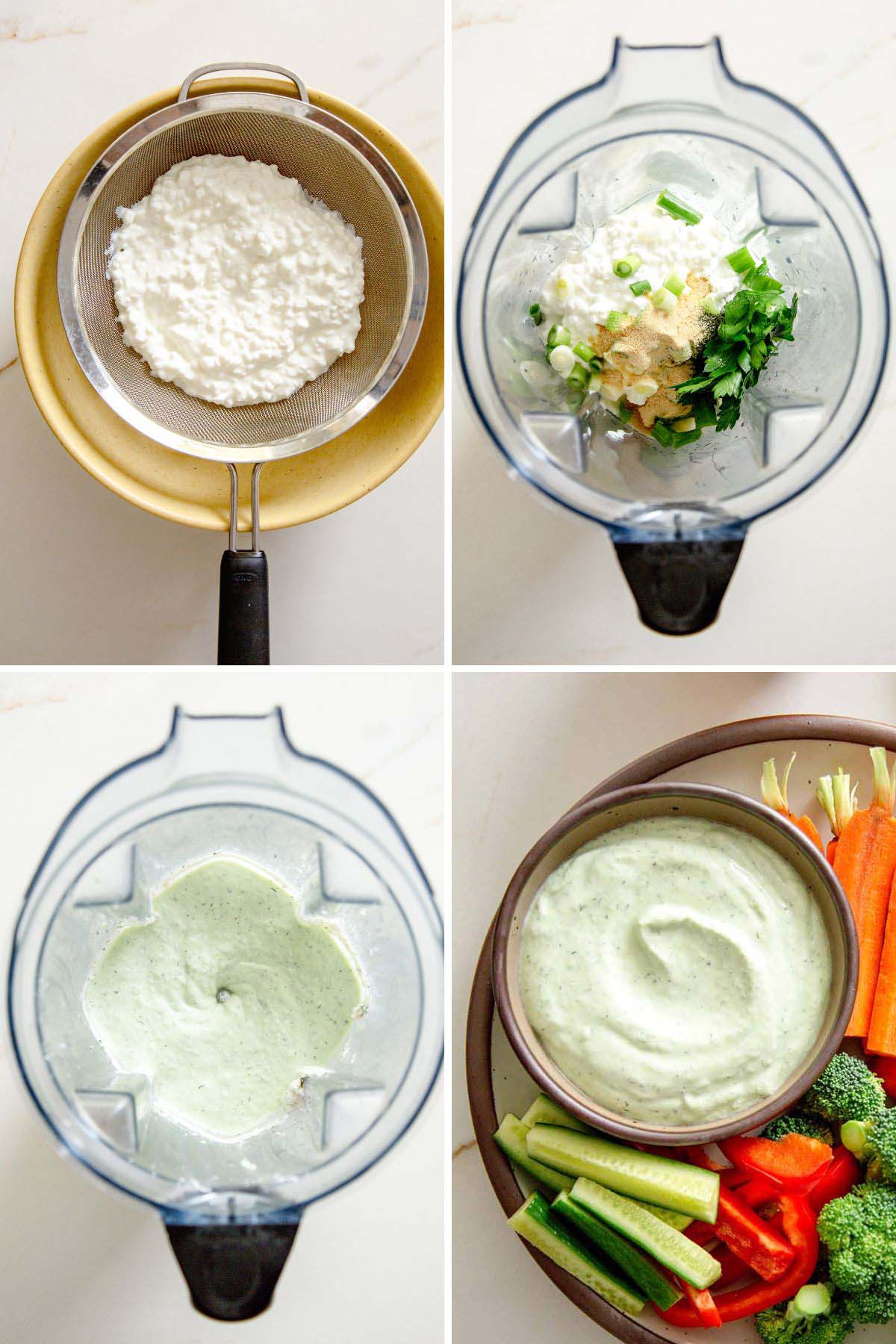 Four-panel image showing the steps to make a creamy cottage cheese ranch dip.