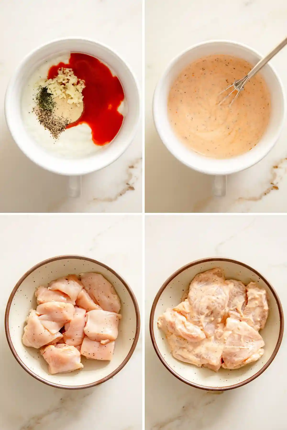 Collage showing steps to make creamy buffalo dressing and marinate chicken for Buffalo Kale Salad.