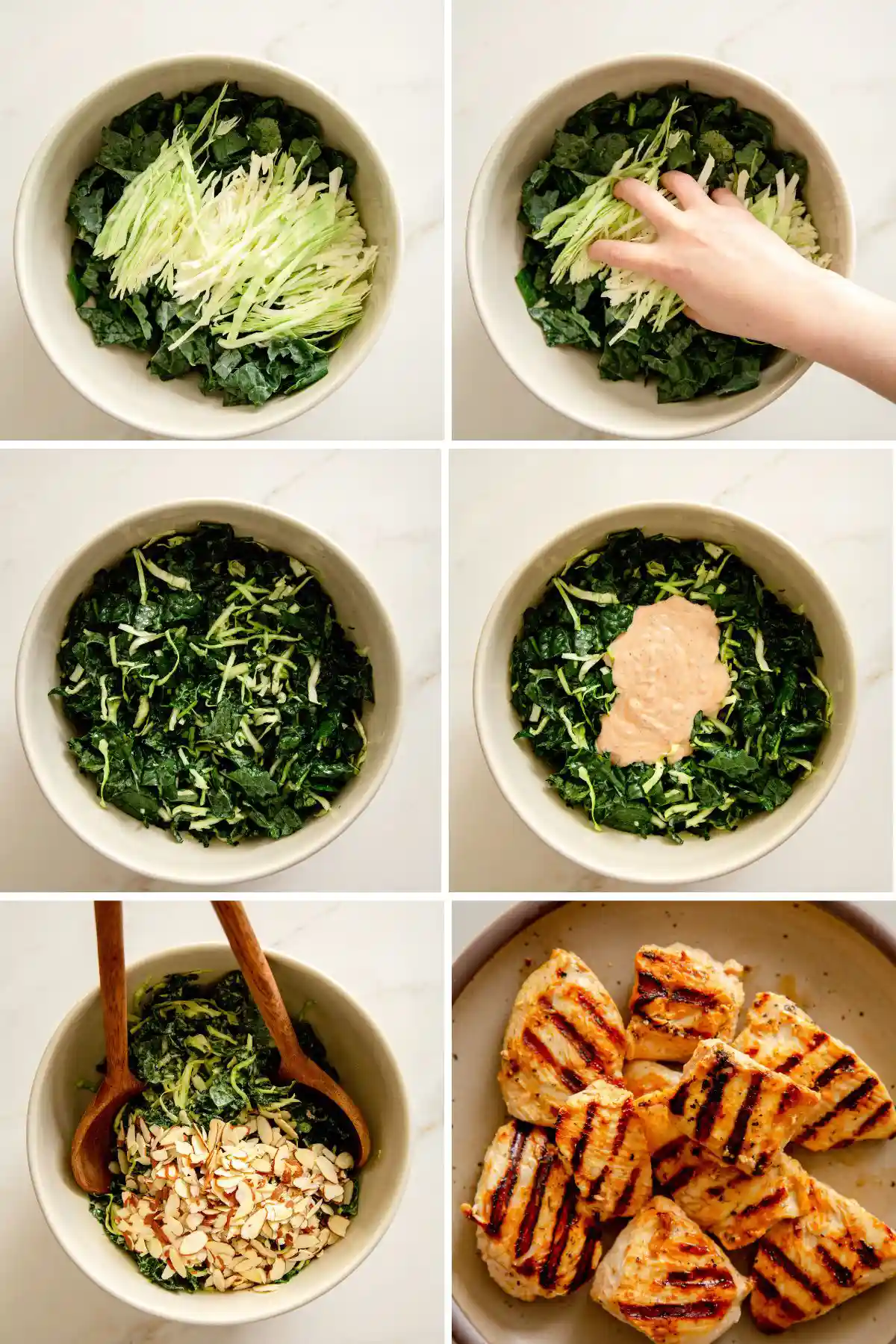 Six-panel collage showing steps to make Creamy Buffalo Kale Crunch Salad: 1) Kale and cabbage in a bowl, 2) Massaging kale and cabbage, 3) Massaged greens, 4) Adding buffalo dressing to greens, 5) Tossing salad with sliced almonds, 6) Grilled chicken nuggets.
