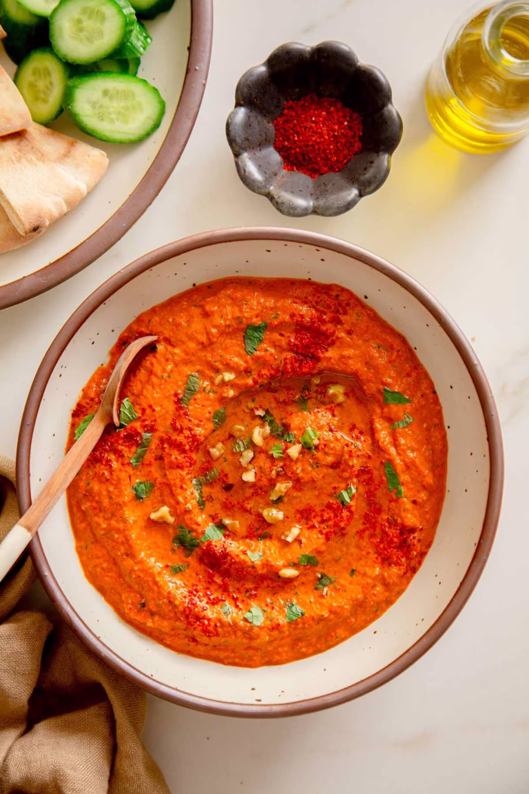smoky red pepper and walnut muhammara topped with fresh mint