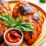 Grilled chicken with charred edges served with spicy arrabbiata sauce and fresh basil