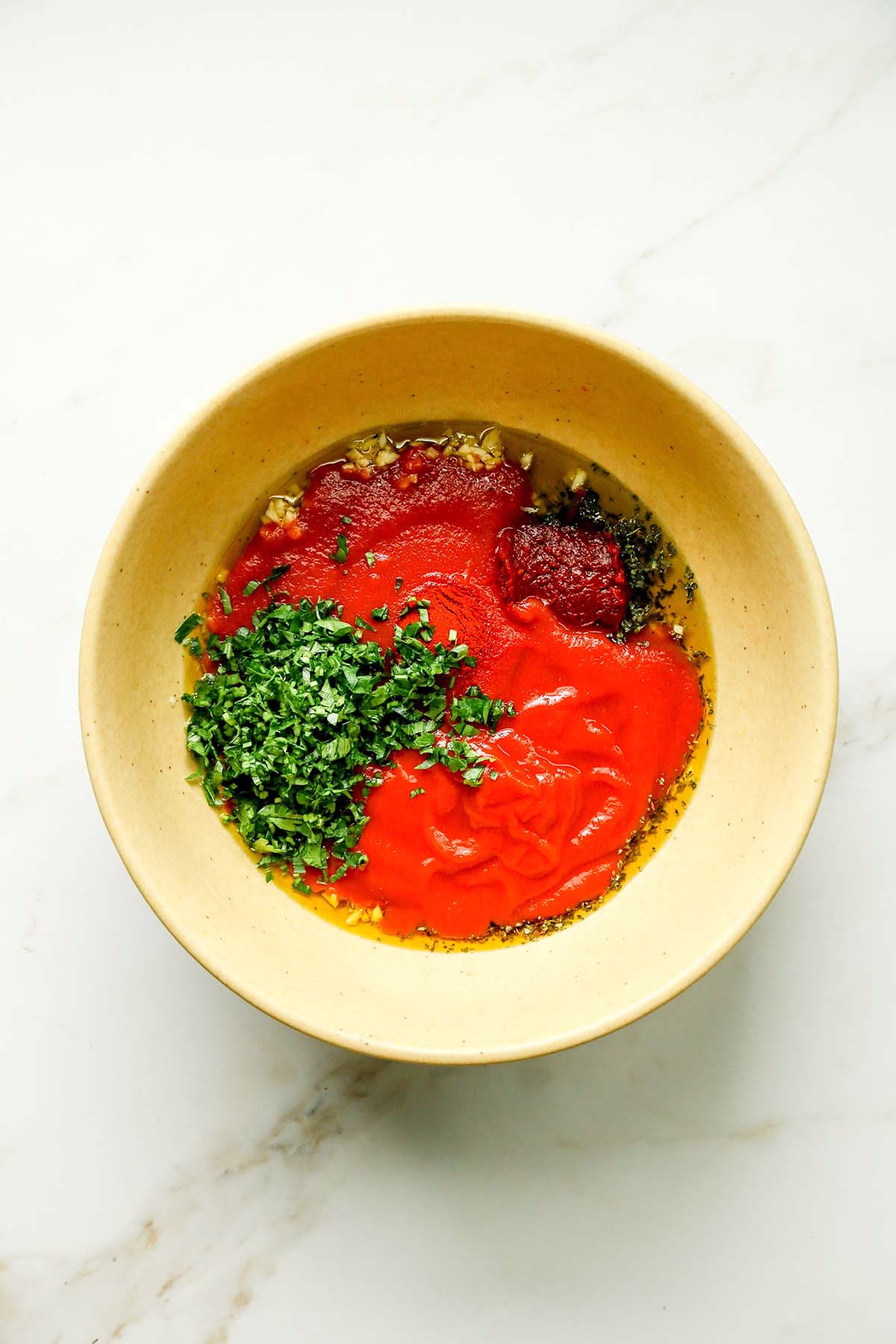 All the Turkish chicken marinade ingredients—tomato sauce, olive oil, red pepper paste, garlic, herbs, and spices—in a bowl.