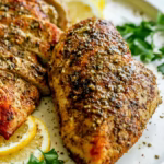 za’atar chicken breast served with lemon slices and fresh parsley