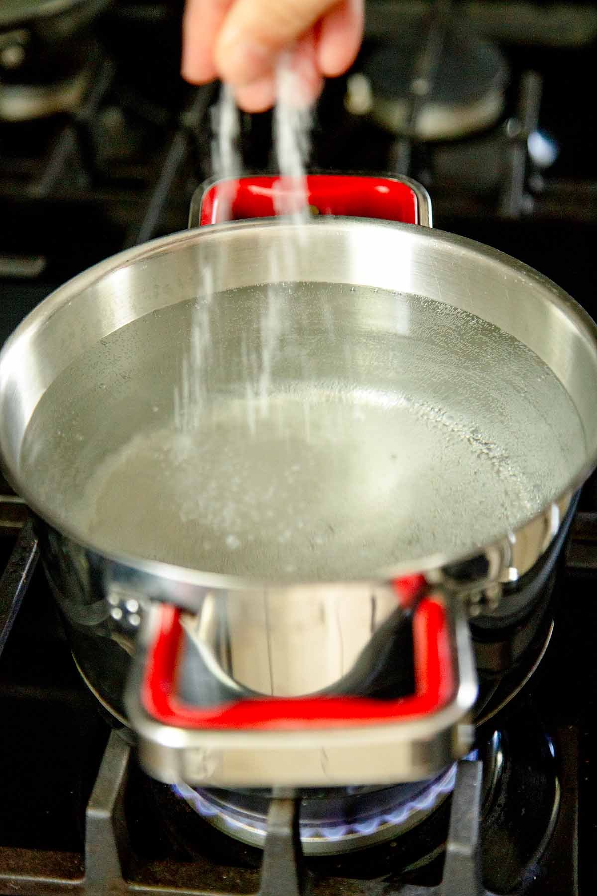 Adding sea salt to boiling water