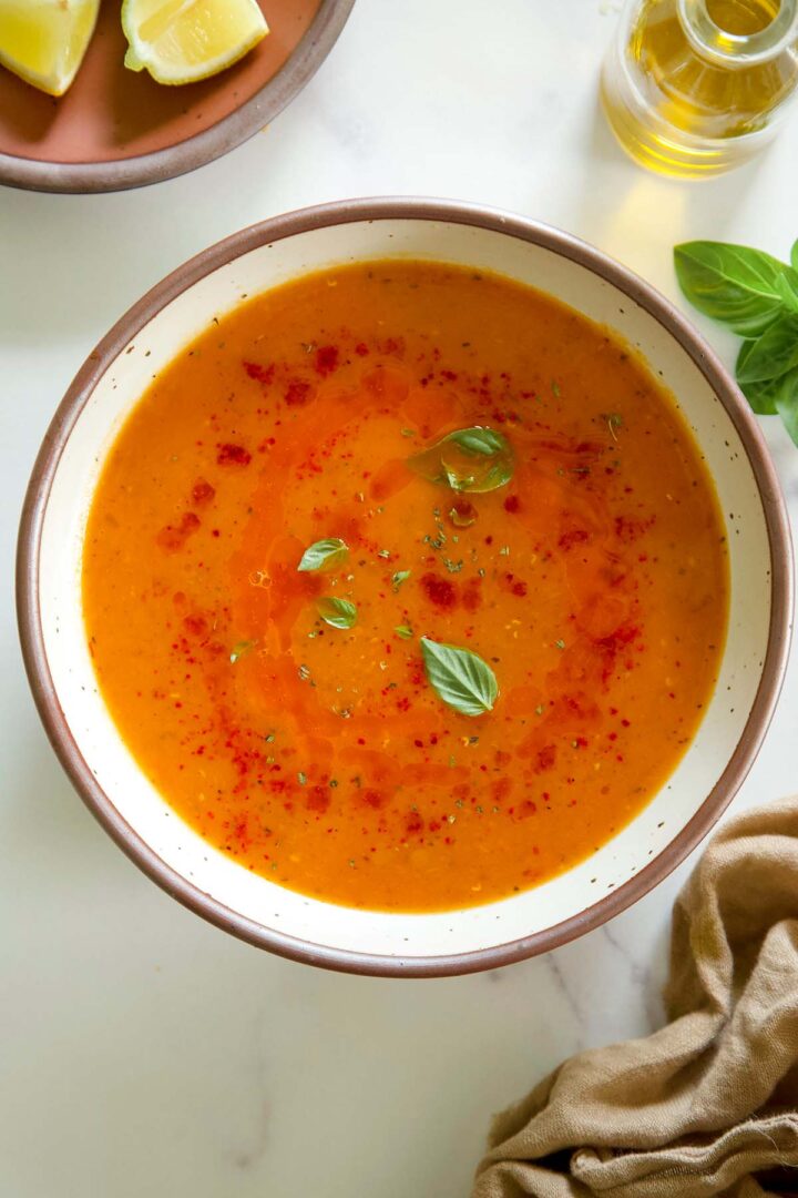 Cozy up with this Turkish-inspired butternut squash soup made with red lentils, mint, and a swirl of Aleppo pepper butter. Naturally creamy and SO delicious.