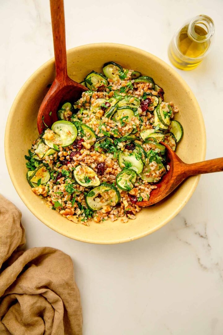 Zucchini Farro Salad in Large Yellow Mixing Bowl