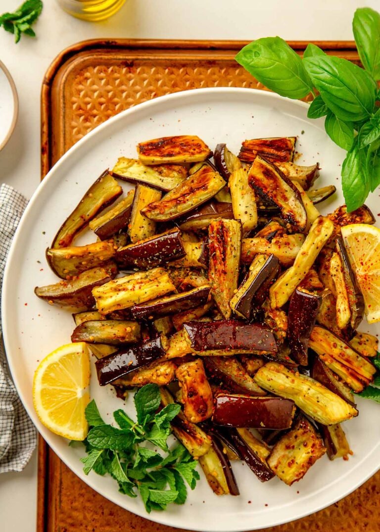 Olive Oil Roasted Eggplant Plated with Lemon and Herbs