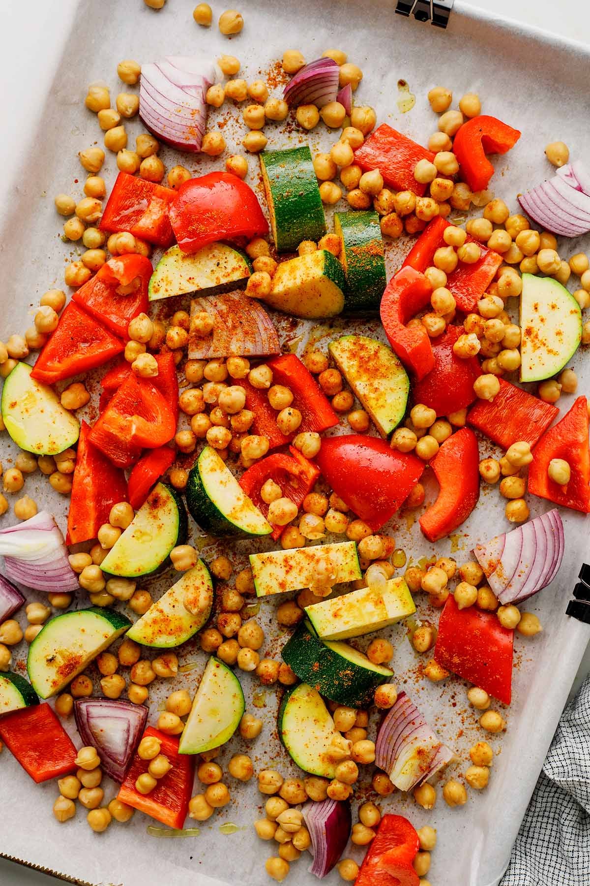 Red Bell Pepper, Zucchini, Onion, and Chickpeas on a Sheet Pan