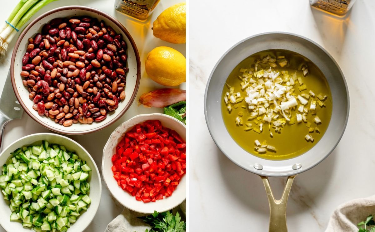 Ingredients for trio bean salad including mixed beans, chopped cucumbers, red bell pepper, lemons, herbs, and olive oil with shallots warming in a pan