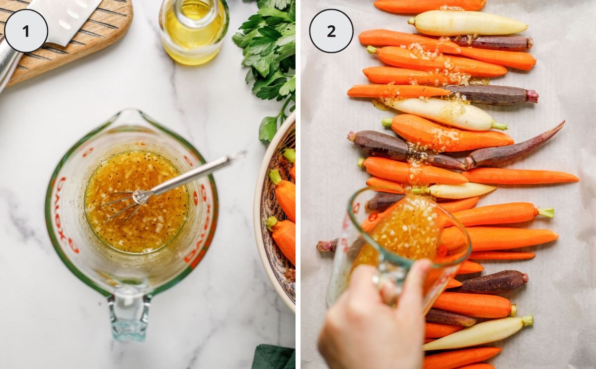 Honey glaze with shallots in a mixing bowl and right image poured over carrots
