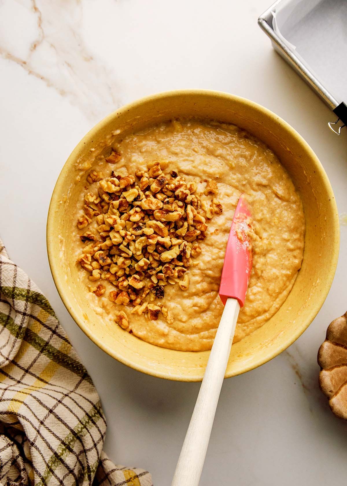 Chopped Walnuts Added to Honey Banana Bread Batter