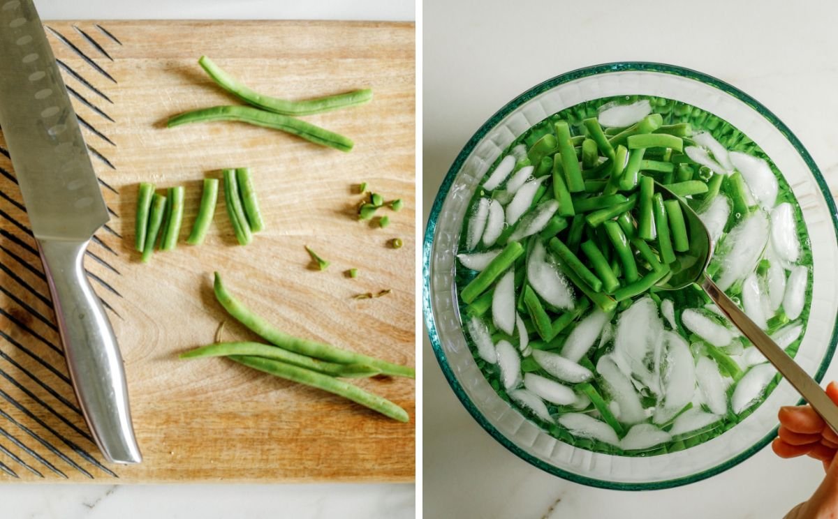 Cutting and blanching green beans